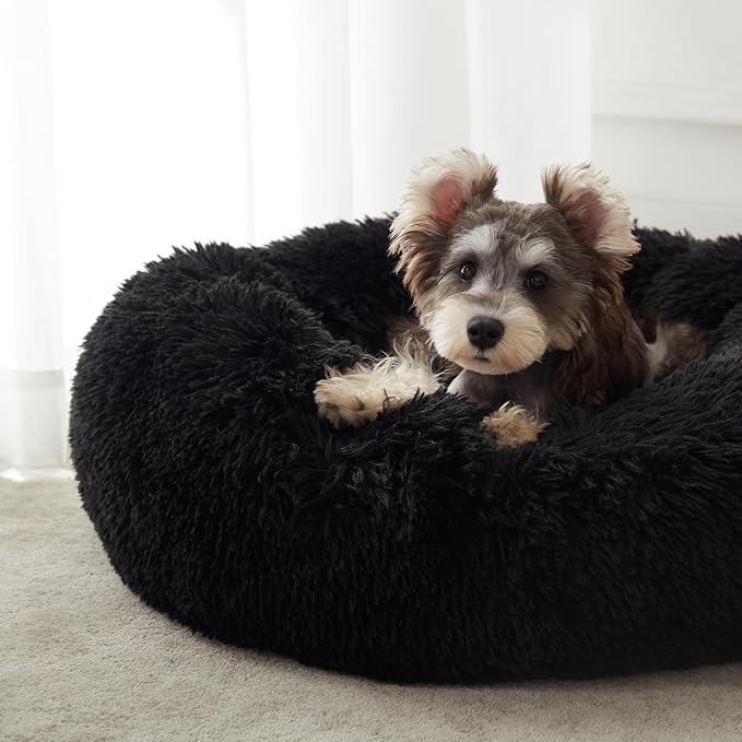 Western Home Calming Donut Cat Bed Small Dog Bed Washable,20" Black | Fluffy Faux Fur Round Cuddler,Anti-Anxiety,Anti-Slip Bottom,Self-Warming Pet Bed for Small Dog&Kitten&Puppy,Up to 12 LBS