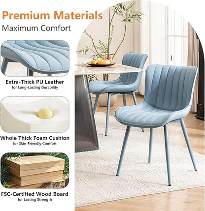 YOUNUOKE Mid-Century Modern Dining Chairs Set of 2, Blue PU Leather Upholstered Kitchen Chairs with Blue Metal Legs, Armless Accent Chair for Dining Room, Guest Reception Room