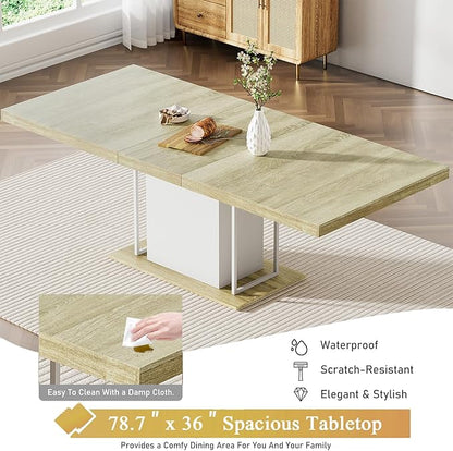 Goujxcy 78.7" Farmhouse Extendable Dining Room Table Set for 6, 7-Piece Rectangle Kitchen Dining Room Table Set with Wood Base and 6 Grey Velvet Dining Chairs, Extending Kitchen & Dining Table Set