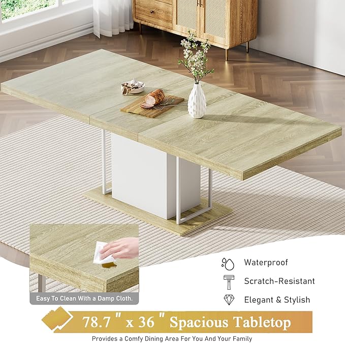Goujxcy 78.7" Farmhouse Extendable Dining Room Table Set for 8, 9-Piece Rectangle Kitchen Dining Room Table Set with Wood Base and 8 Blue Velvet Dining Chairs, Extending Kitchen & Dining Table Set