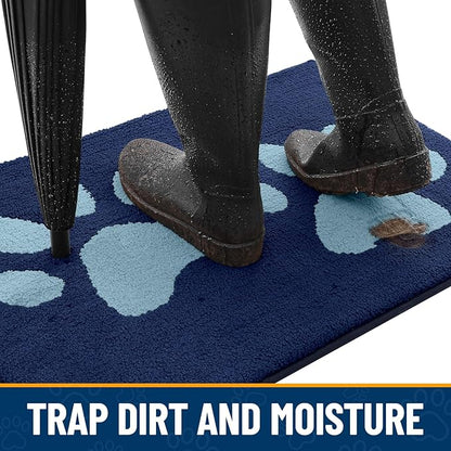 Smiry Dog Door Mat for Muddy Paws, Absorbs Moisture and Dirt, Low-Profile Entryway Mat with Non-Slip Backing, Entry Indoor Outdoor Doormat for Inside Floor (48x30 Inches, Dark Blue, Paw)