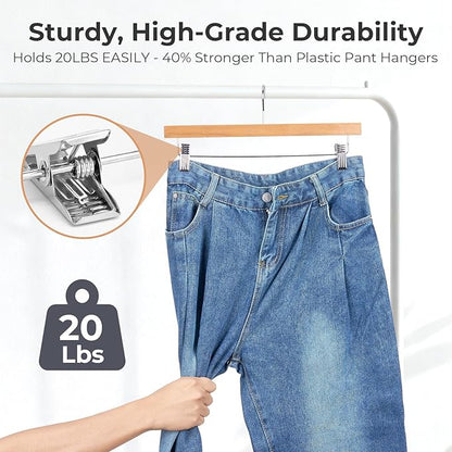 HOUSE DAY Wooden Pants Hangers with Clips, Solid Lotus Deluxe Wood Skirt Hangers, Heavy Duty & Anti-Rust Hook for Wrinkle-Free Slacks, Skirts, Jeans, Space Saving for Closet 20 Pack (Natural)