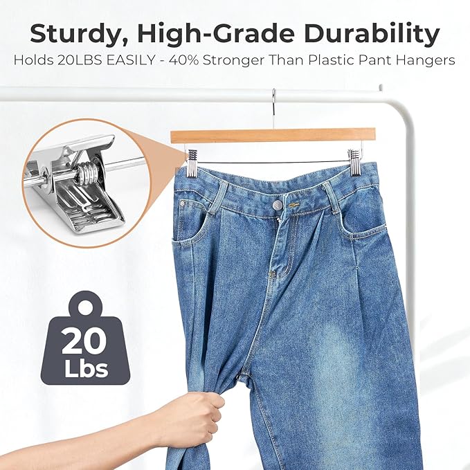 HOUSE DAY Wooden Pants Hangers with Clips, Solid Lotus Deluxe Wood Skirt Hangers, Heavy Duty & Anti-Rust Hook for Wrinkle-Free Slacks, Skirts, Jeans, Space Saving for Closet 10 Pack (Natural)