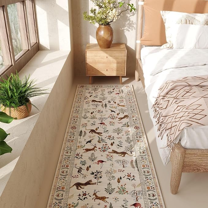 Rugcomf Runner Rug for Kitchen Rug Non Slip 2'x6' Washable Rugs with Rubber Backing Soft Floral Animal Carpet Runner for Kitchen, Laundry, Bedroom, Bathroom (Beige)