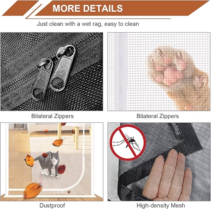 Upgraded Reinforced Pet Screen Door Thickened Cat Resistant Mesh Screen Door for Living Room, Bedroom, Patio, Dog Cat Scratch Proof Screen with Zipper Closure (Fits Door Size up to 36''x 82'', Black)