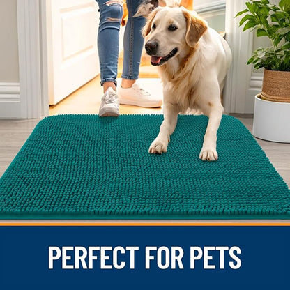 OLANLY Dog Door Mat for Muddy Paws 70x32, Absorbs Moisture and Dirt, Absorbent Non-Slip Washable Doormat, Quick Dry Chenille Mud Mat for Dogs, Entry Indoor Entryway Carpet for Inside Floor, Lake Blue