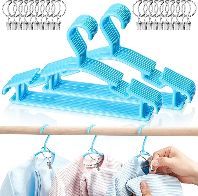 Baby Hangers with Metal Ring Clips, Children Plastic Hanger for Kids Pants Clothes Closet, 20 Pack, Blue