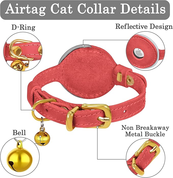 OOPSDOGGY Reflective Leather AirTag Cat Collar with Bell - Non Breakaway Adjustable Pet Collar with Apple Air Tag Holder - Lightweight GPS Kitten Collars for Small Dogs Puppy (Pink)
