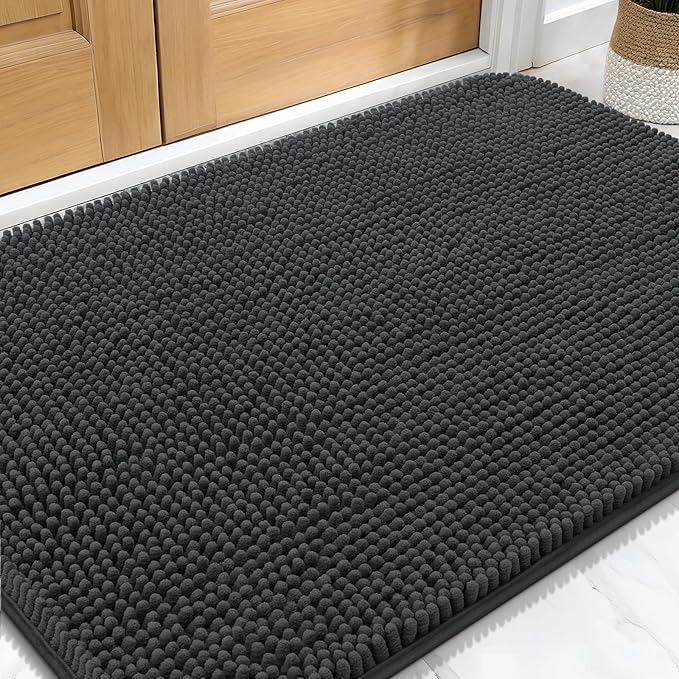OLANLY Dog Door Mat for Muddy Paws 32x20, Absorbs Moisture and Dirt, Absorbent Non-Slip Washable Doormat, Quick Dry Chenille Mud Mat for Dogs, Entry Indoor Entryway Carpet for Inside Floor, Dark Grey