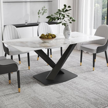 Modern Rectangle Marble Dining Table,63" Antique White Marble Sintered Stone Top Dining Table,Rectangle Dining Room Table with X-Shape Carbon Steel Pedestal Table for Kitchen/Living Room(Table Only)
