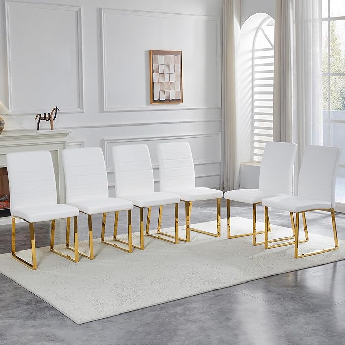 Modern Dining Chairs Set of 6, White Faux Leather Kitchen Chairs, Upholstered Armless Dining Room Chair with Gold Mental Legs Heavy Duty, Comfortable (White and Gold, Set of 6)