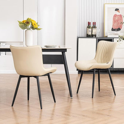 Kidol & Shellder Beige Dining Chairs Set of 2,Faux Leather Upholstered Mid Century Modern Kitchen&Dining Room Chair with Back,Ergonomic Armless Vanity&Living Room Chair with Metal Legs