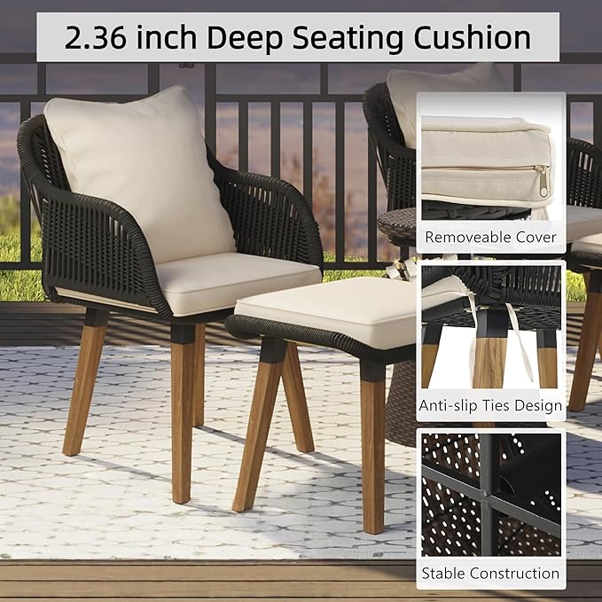 5-Piece Patio Conversation Sofa Set, Rope-Woven Furniture Set with Rattan Cool Coffee Table, Outdoor Furniture Setwith 2 Footstools for Garden, Backyard, Balcony, Black & Beige