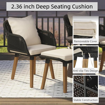 5-Piece Patio Conversation Sofa Set, Rope-Woven Furniture Set with Rattan Cool Coffee Table, Outdoor Furniture Setwith 2 Footstools for Garden, Backyard, Balcony, Black & Beige