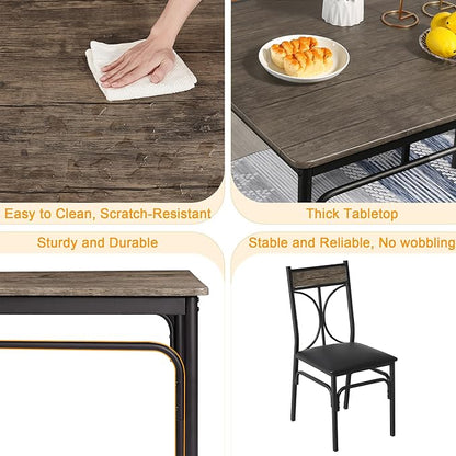 VECELO 5-Piece Dining Table Set for Home Kitchen Small Space Breakfast Nook, 4 Faux Leather Metal Frame Chairs, Brown,Set for 4