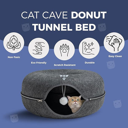 Premium Large Size 24 Inch Cat Tunnel Bed - With Upgraded Metal Zipper - Detachable Round Design - Washable - and Scratch Resistant - Includes 3 Toys and Removable Cushion