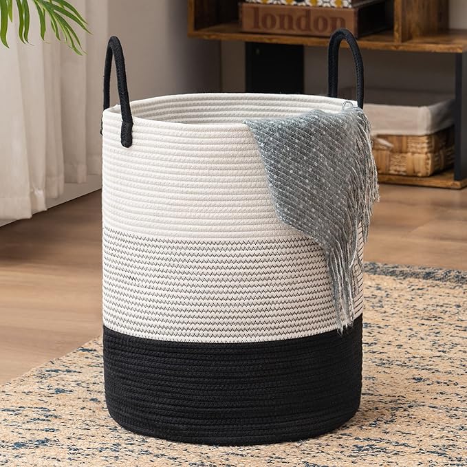 YOUDENOVA Woven Rope Laundry Hamper Basket, 72L Tall Laundry Basket, Baby Nursery Hamper for Blanket Storage in Bedroom-Large-Dark White