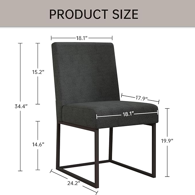 VKNOW Upholstered Dining Chairs Set of 2, Modern Dining Room Chairs, Linen Kitchen Chair Dinner Chair with Black Metal Base for Kitchen Office, Dark Grey-Unstriped