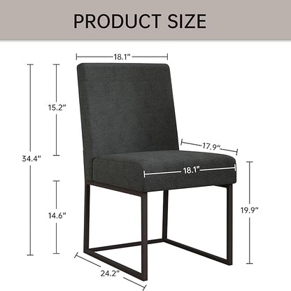VKNOW Upholstered Dining Chairs Set of 2, Modern Dining Room Chairs, Linen Kitchen Chair Dinner Chair with Black Metal Base for Kitchen Office, Dark Grey-Unstriped