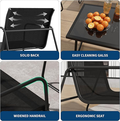 GarveeLife 4Pcs Textilene Conversation Set with 2 Chairs, Patio Conversation Set with Single Chairs and Glass Top Coffee Table, Textilene Furniture Set with Love Seat