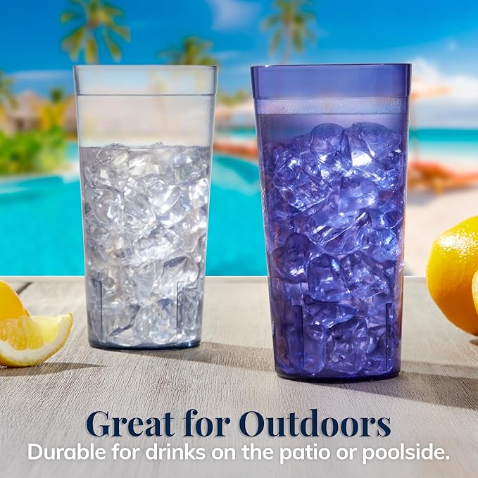 US Acrylic Cafe Plastic Reusable Tumblers (Set of 16) 20-ounce Water Cups Coastal Colors | Restaurant Style Drinking Glasses Value Set, Stackable, BPA-free, Made in the USA | Top-rack Dishwasher Safe