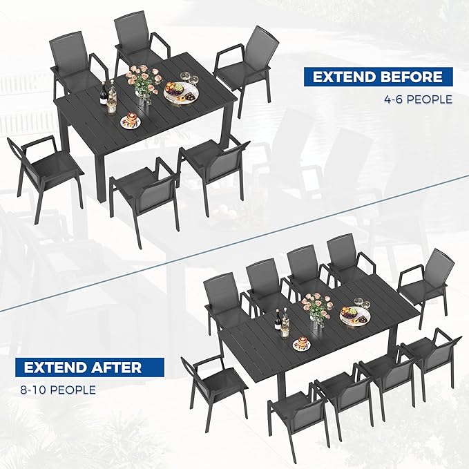 11 Piece Aluminum Outdoor Patio Dining Sets with Fully Assembled Dining Chair，91.3"L×39.4"W Expandable Patio Table and Chairs Set for 10, Stackable Chairs with Quick Drying Fabric, Grey