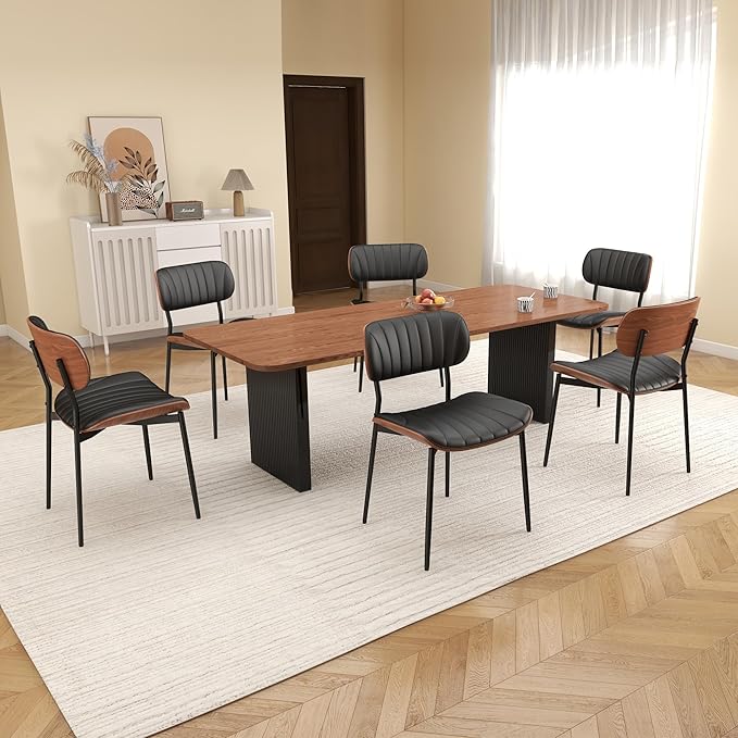 Mid Century Modern Dining Chairs Set of 2,Upholstered Faux Leather Kitchen Chairs with Walnut Bentwood Back and Metal Legs for Kitchen Dining Room Living Room, Black