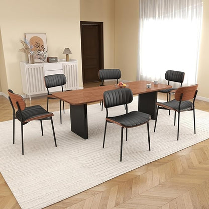 Mid Century Modern Dining Chairs Set of 2,Upholstered Faux Leather Kitchen Chairs with Walnut Bentwood Back and Metal Legs for Kitchen Dining Room Living Room, Black