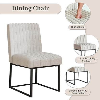 VKNOW Upholstered Dining Chairs Set of 4, Modern Dining Room Chairs with Stripe, Linen Kitchen Chair Dinner Chair with Black Metal Base for Kitchen Office, Beige