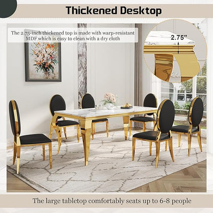 7-Piece Dining Table Set for 6, Faux Marble Modern Dining Table Set with 6 Round Backrest Upholstered Chairs, 70“ Stainless Steel Legs Table & Chair Set for Kitchen, Black & Gold