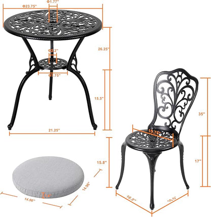 NUU GARDEN 3 Piece Outdoor Bistro Table Set, All Weather Cast Aluminum Patio Bistro Sets Patio Table and Chairs Set of 2 with Umbrella Hole for Yard, Garden, Balcony, Black