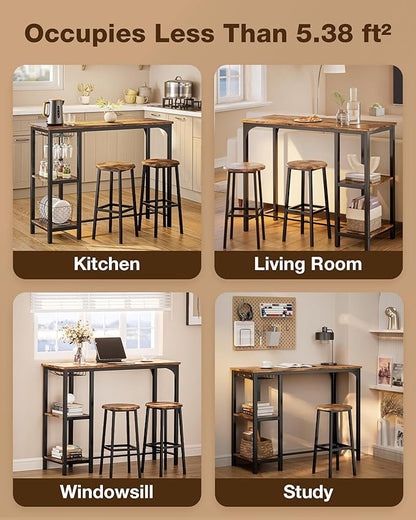 3-Piece Bar Table Set for 2, Bar Height Table with Stools & 2 Storage Shelves, Small Bar Table Set with Glass Rack, Small Kitchen Table for Dining Room, Living Room, Rustic Brown