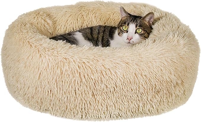 Calming Cat Bed - Anti Anxiety Round Fluffy Plush Faux Fur, Washable 23 inches Small Dog & Cat Bed