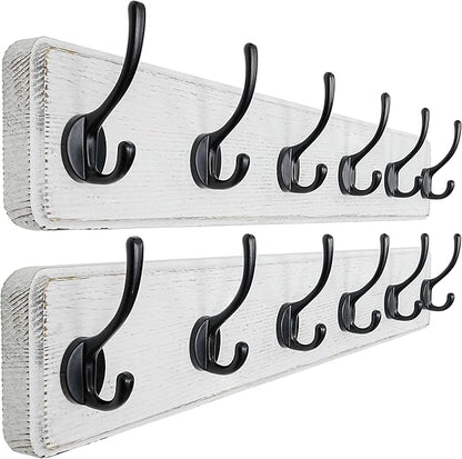 Dseap Wall Mounted Coat Rack: 24" Long, Patented, Heavy-Duty, 6-Double-Hooks Wooden Hanger Rail for Winter Coats, Hat, Jacket, Clothing - White & Black, Pack of 2