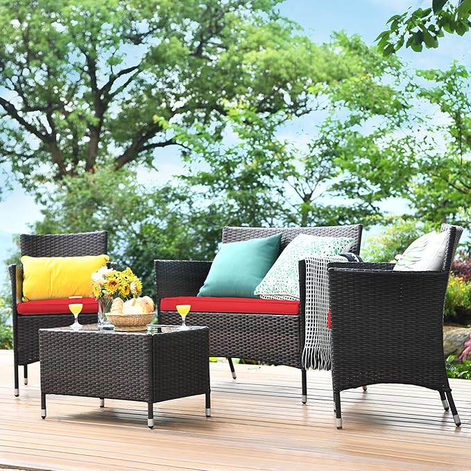 Tangkula 4 PCS Patio Rattan Conversation Set, Outdoor Wicker Furniture with Tempered Glass Coffee Table & Thick Cushion, Rattan Chair Wicker Set for Garden, Lawn, Poolside and Backyard (1, Red)