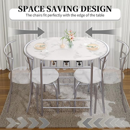 VECELO 3-Piece Dining Table Set for Kitchen Breakfast Nook, Faux Marbled Oval Tabletop and Metal Frame with Built-in Wine Rack, for Small Spaces, White & Silver