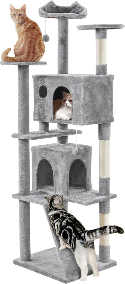 Yaheetech Tall Cat Tree, 80in Multi-Level Cat Tower with Scratching Posts, Double Caves, Perched Platforms and Dangling Balls, Pet Stand House for Kittens, Light Gray