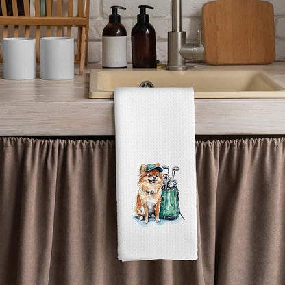 Golf Dog Kitchen Towels - Pomeranian Dish Towels, Sports Gifts, Pet Golf Club Decorative Absorbent Dishcloths Hand Towels for Kitchen Gym Spa Decor 16x24 Inches