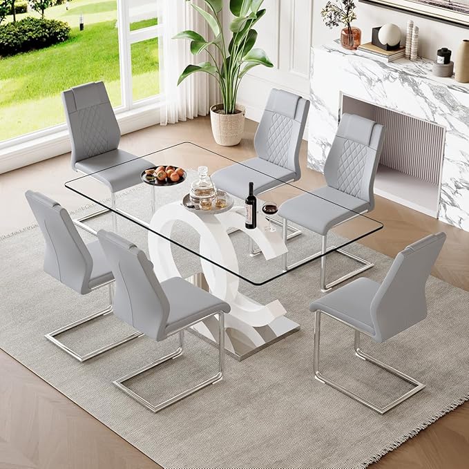 63'' Glass Dining Table Set for 6, Kitchen Table Chairs Set of 6, Clear Glass Dining Table with White unique design Leg and Silver Metal Base, 6 PU Dining Chairs with Metal Legs, Living Room, Kitchen.