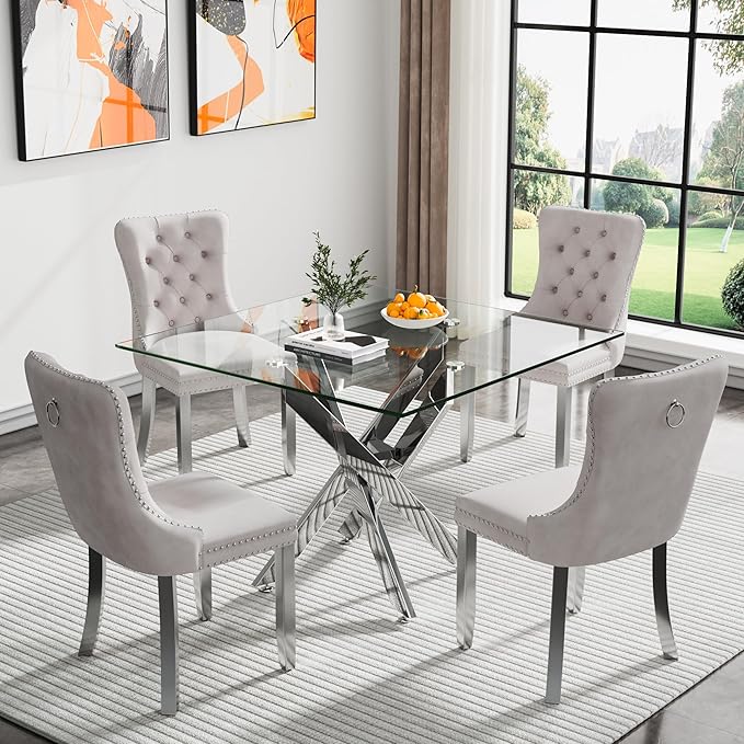 Goujxcy Glass Dining Table Set for 4, Modern Kitchen Table and Chairs Set of 4, 5-Piece Kitchen Dining Room Table Set w/36 Square Silver Glass Dining Table and 4 Beige Velvet Upholstered Chairs