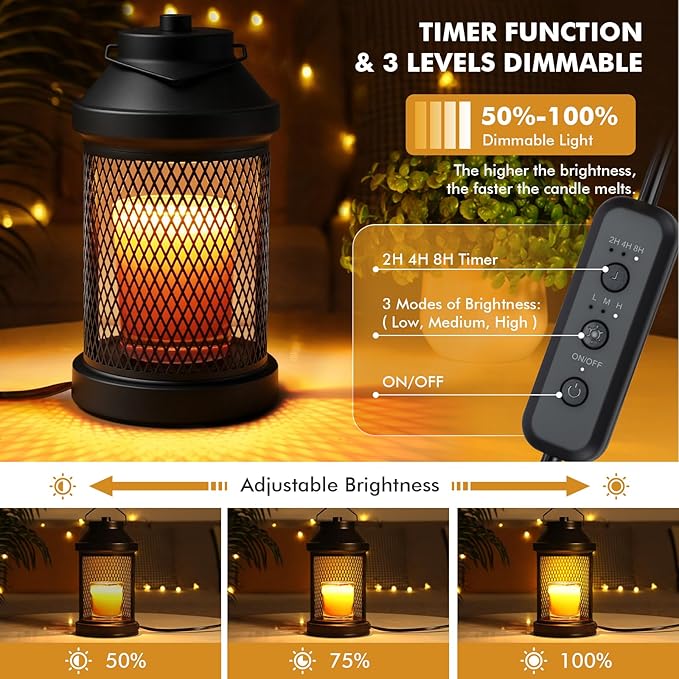 Candle Warmer Lamp - Electric Candle Jars Warmer with Timer & Dimming Function, Wax Melt Warmer for Home Fragrance and Home Décor, Bedside Lamp, Gifts for Women Mom (Grid, 2 Bulbs Included)