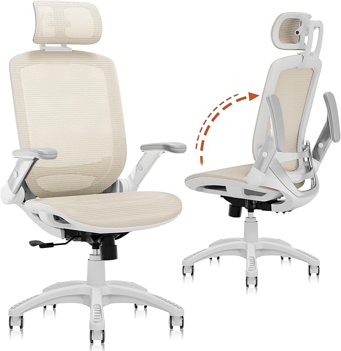 GABRYLLY Ergonomic Office Chair, High Back Home Desk Chair with Headrest, Flip-Up Arms, 90-120° Tilt Lock and Wide Cushion, 400LBS Mesh Chairs for Man Woman, White Task Chair(Beige,GY01WBG)