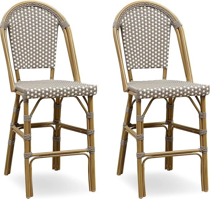 PURPLE LEAF French Counter Height Bar Stool Set of 2 25" Bamboo Print Finish Patio Bar Chairs with Back Rattan Bar Chairs French Bistro Set for Kitchen Outdoor Counter Stool Grey