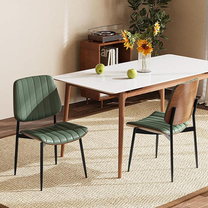 Modern Green Leather Dining Chair Set of 2, Bentwood Backrest & Black Metal Frame Ergonomic Comfort, Sustainable Style, Multi-Space Versatile, Green