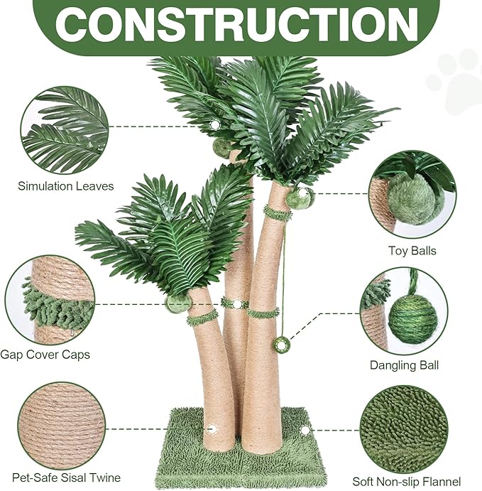 40'' Tall Cat Scratching Post Cat Tree, 3 Curved Design Palm Tree Cat Scratching Post with 8 Interactive Balls, Natural Sisal Rope Cat Scratchers for Indoor Cats, Multi-Combinable (Style D)