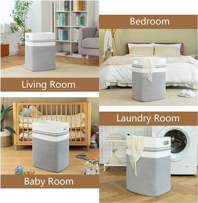 OIAHOMY Laundry Hamper, Tall Cotton Decorative Blanket Storage Basket with Handles for Living room,Collapsible Large Baskets for Toys,Pillows,Clothes Organizer-16x13x22in-Gray