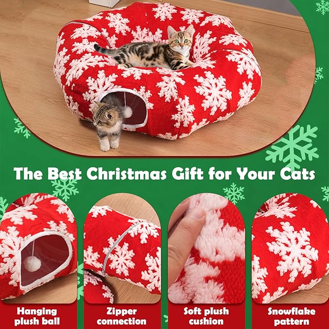 Cat Tunnel Christmas Tree Skirt,Christmas Tree Cat Tunnel for Indoor Cats,Cat Tunnels Tree Skirt,Soft Peekaboo Hideway Bed Cave Donut Toys Circle Tunnels for Kittens & Large Cats (Red)