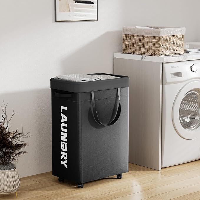 YECAYE 75L Rolling Laundry Hamper, Easy-to-Assemble Clothes Hamper with Wheels, Rolling Dirty Clothes Basket, Slim Basket for Bedroom, Bathroom, or Laundry Room, Black