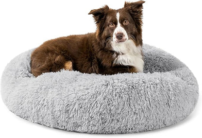 PetAmi Calming Dog Bed for Small Medium Dogs and Cats, Round Donut Washable Fluffy Faux Fur Plush Cuddler Pet Kitten Cushion, Anti-Slip, Fits up to 45 lbs, 30 inch, Light Gray