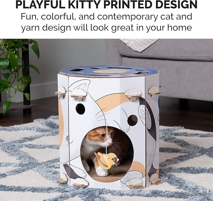 Furhaven Cardboard Hideout w/ Catnip for Indoor Cats, Ft. Scratching Pad, Ball Track, & Toys - Kitty Hideaway Corrugated Cat Scratcher House - Cat Print, One Size
